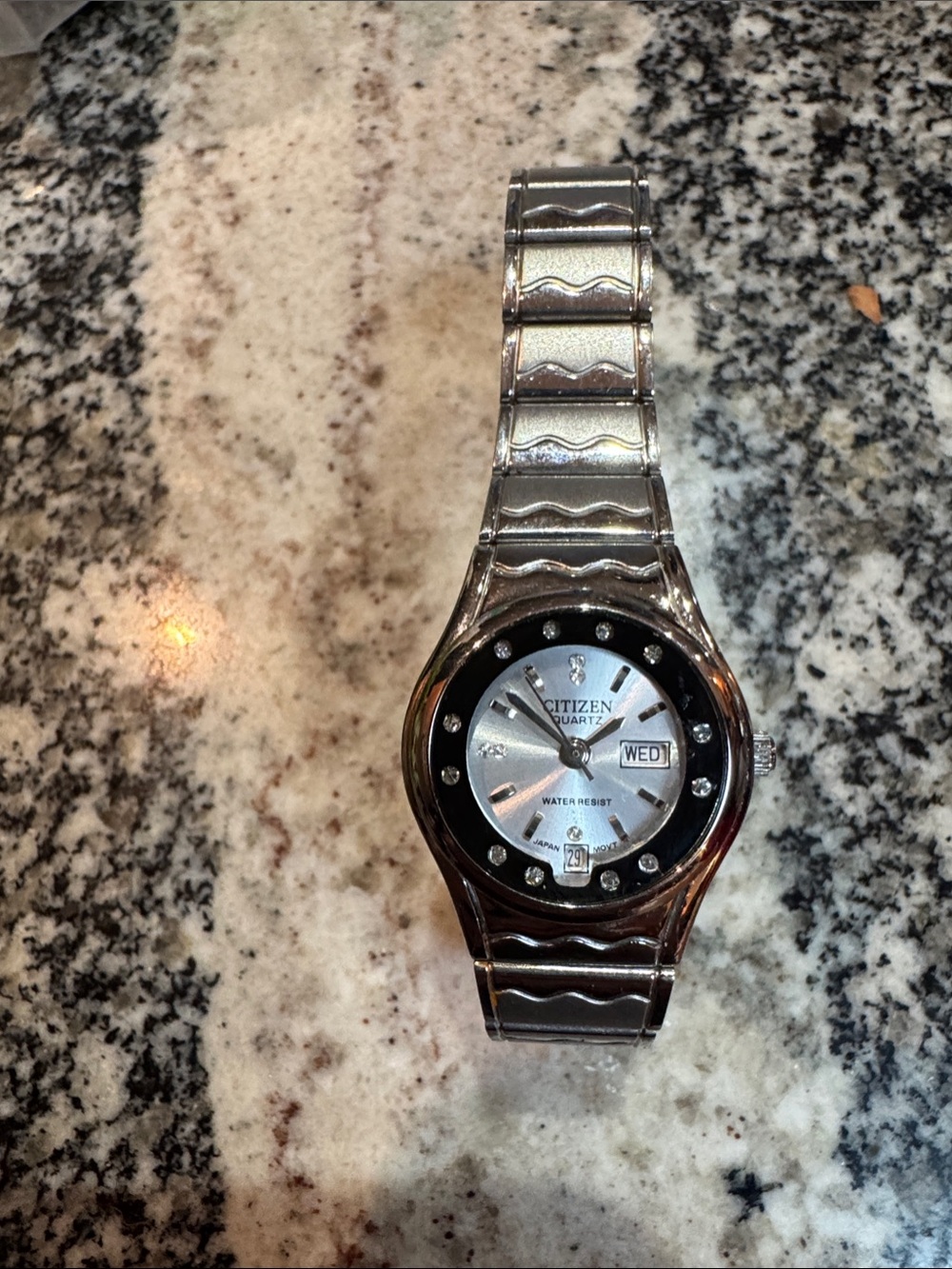 Citizen Silver and Black Stainless Steel Quartz Watch with Crystal Accents